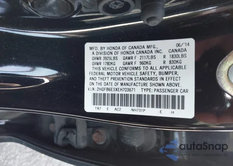 2014 Honda Civic Si from USA, damaged, VIN 2HGFB6E5XEH703671